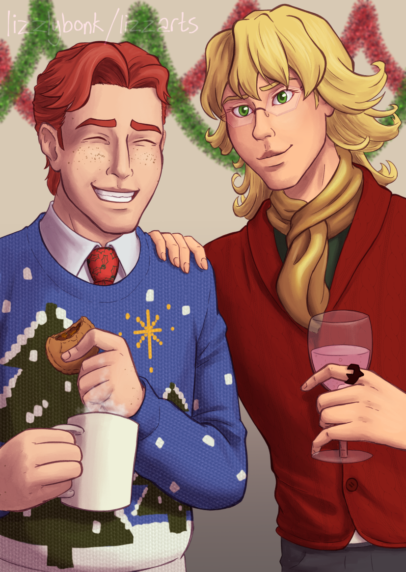 A piece of digital art showing the characters Mattia Ingram and Barnaby Brooks Jr from the anime Tiger & Bunny smiling at the 'camera'. They are holding drinks and dressed for a Christmas party.