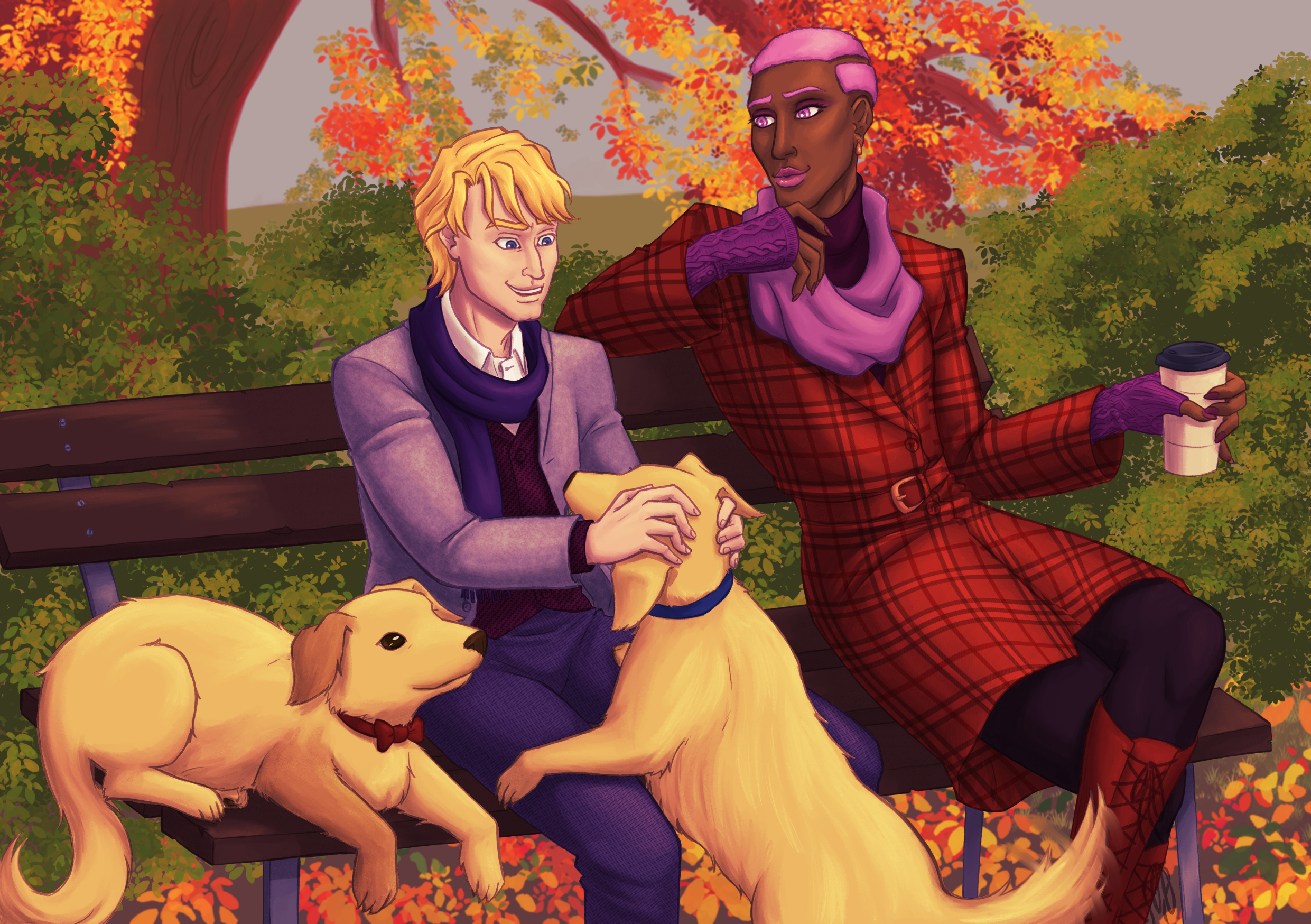 A piece of digital art showing the characters Keith Goodman and Nathan Seymour from the anime Tiger & Bunny. They are sitting on a park bench, dressed for cold weather. John the golden retriever sits on the bench next to them; Keith pets Johnjohn's ears. Nathan is holding a coffee cup and looking fondly at Keith.