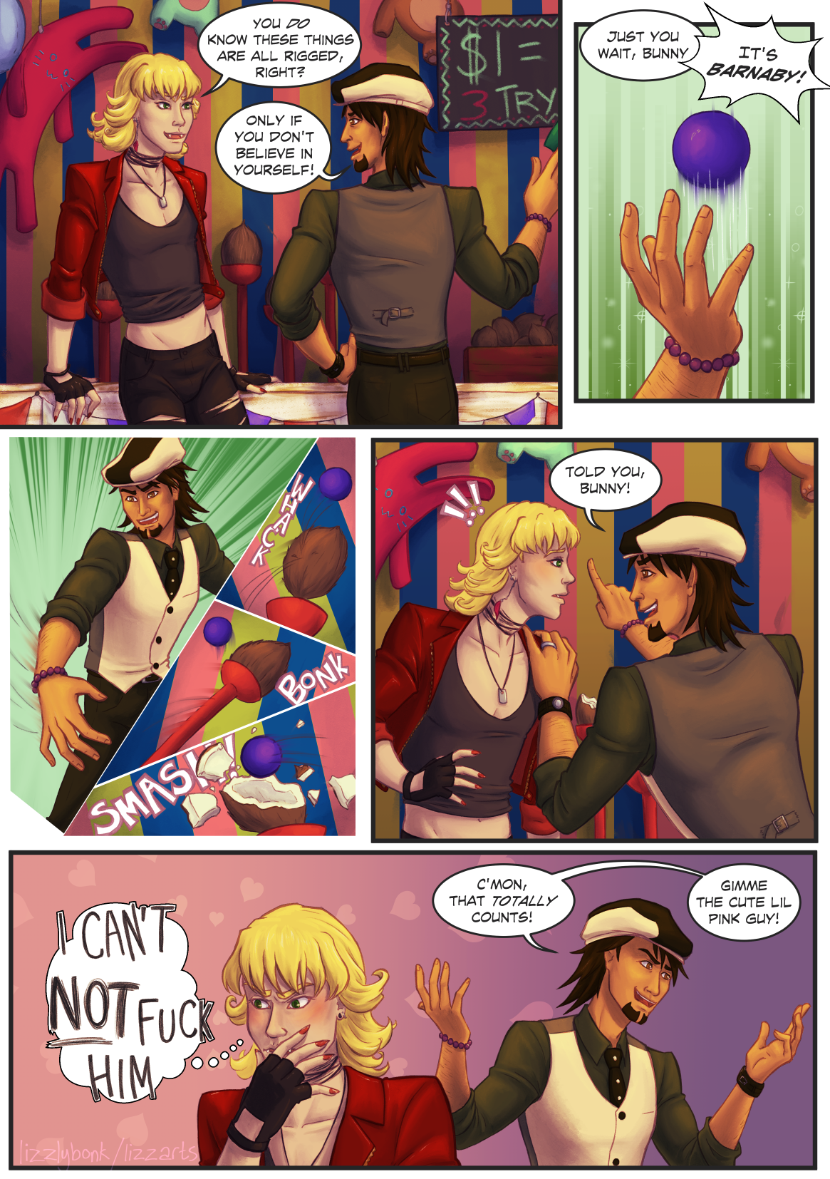 A single page comic of Kotetsu and Barnaby at a carnival. I promise I will finish this alt text later.