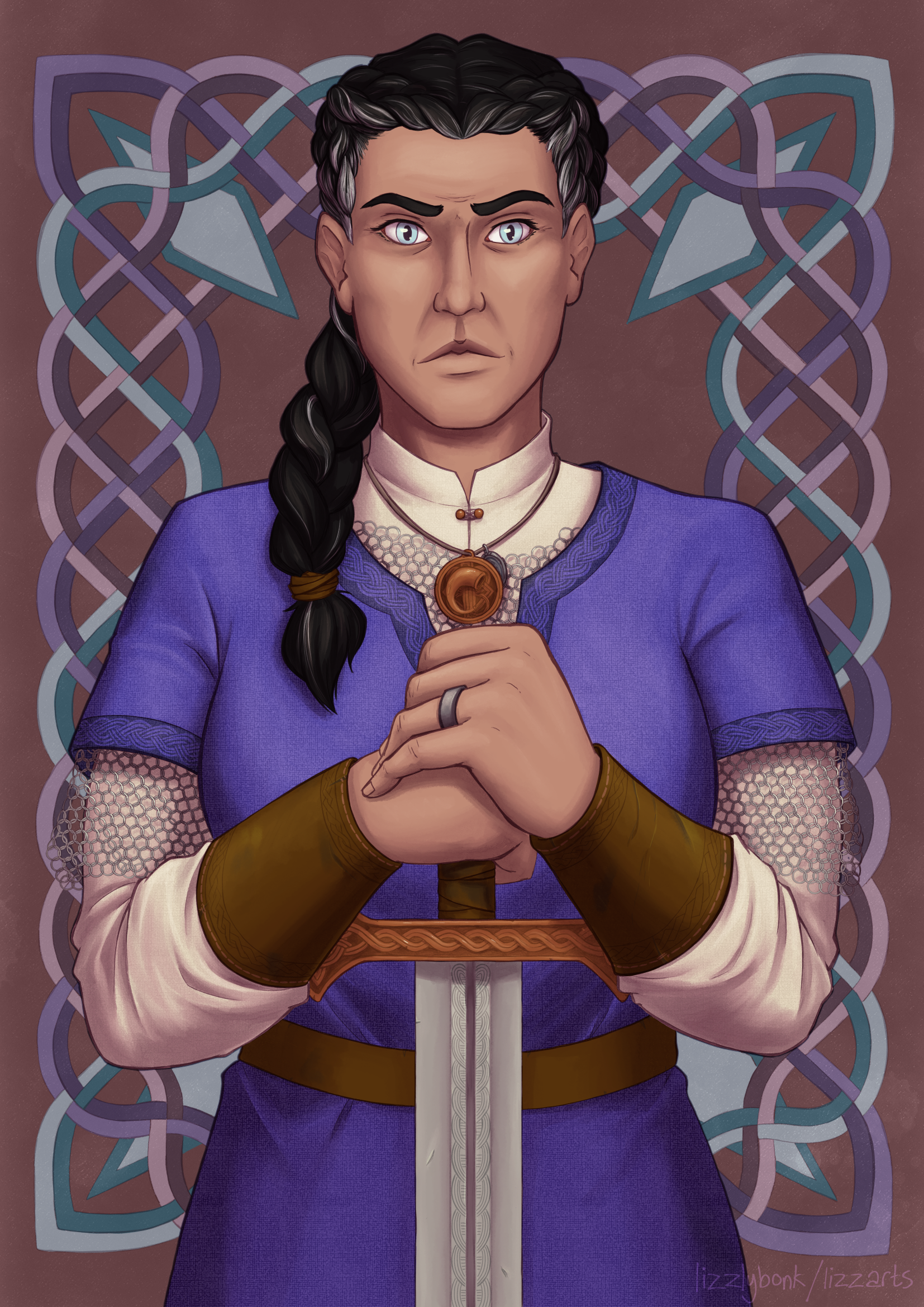 A piece of digital art depicting a pale-skinned woman with braided  black hair and pale blue eyes. She looks directly at the viewer. She wears blue viking-inspired fantasy clothing and holds a sword with knotwork on the hilt. There is a knotwork motif behind her.