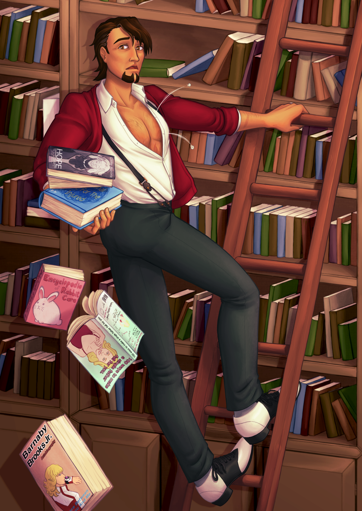 A digital art pinup of Kotetsu T. Kaburagi from the anime Tiger & Bunny as an impractibly sexy librarian. He hangs off a ladder in front of a bookcase, looking on in dismay as books fall to the floor and buttons inexplicably ping off his shirt.