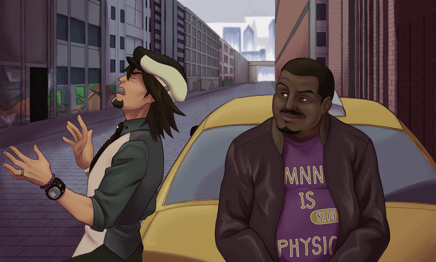 A piece of digital art redrawing a scene from the anime Tiger & Bunny. The characters Kotetsu Kaburagi and Ben Jackson lean against a taxi, talking. In the background the city street stretches into the distance.